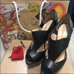 Pitou Leather Peep-Toe Red Sole Bootie, Black